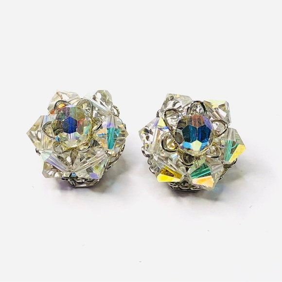 Vintage Pat Pend Signed AB Glass Crystal Clip on Earrings 1960s Silver Tone Base - Picture 7 of 8